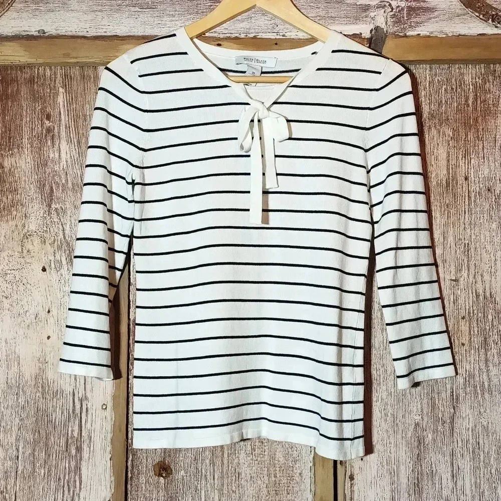 NEW White House Black Market striped bow tie sweater 3/4 sleeves striped XS - Picture 3 of 11